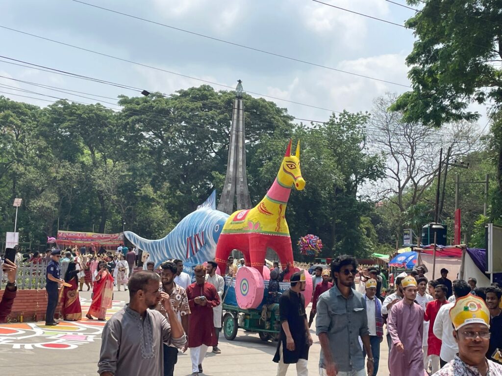Boishakhi procession featuring eco-friendly bird, horse and fish motifs at CU campus