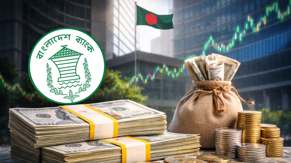 Stacks of US dollars with Bangladesh Bank background representing rising remittances and forex reserves