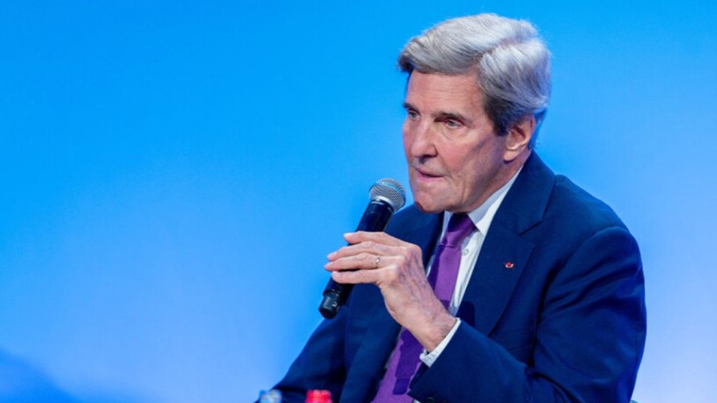 John Kerry speaking during an interview about US policy on Iran and Israel tensions