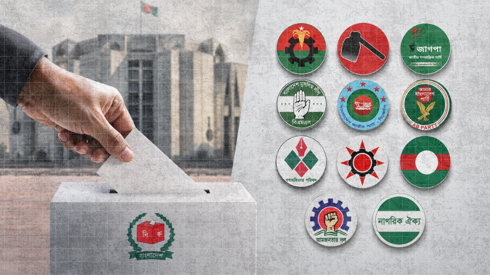 A voter places a ballot into an election box beside logos of several Bangladeshi political parties, symbolizing the Election Commission’s directive for 23 parties to submit parliamentary election expenditure reports by June 13.