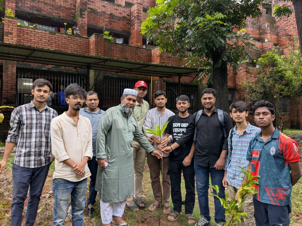 JCD activists and newly appointed Provost Dr. Md. Khaled Afzal planting a tree sapling at Chittagong University's Shahjalal Hall.