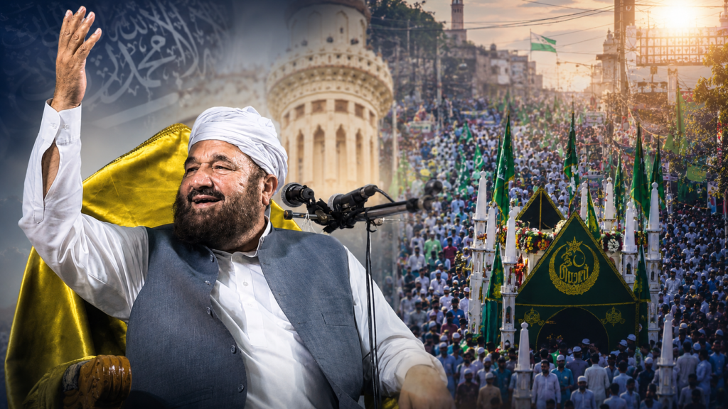 Pir Sabir Shah leads the 55th Jashne Julus procession in Chattogram on August 26, 2026, attended by hundreds of thousands of devotees.