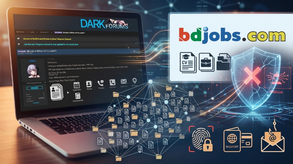 Dark web forum listing offering six million Bdjobs resumes for sale next to a digital cybersecurity warning icon.