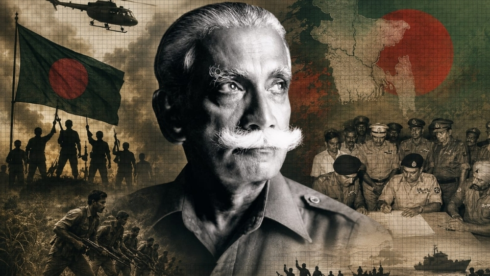 Historical photograph of General M.A.G. Osmani in military uniform during the Bangladesh Liberation War.